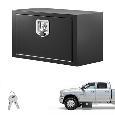 Underbody Truck Tool Box, 24 x 12 x 14 Inch Heavy Duty Steel Trailer Storage Box with Lock & Keys, Waterproof Trailer Storage Organizer Under Body Chest with T-Handle for Truck, Van, SUV, Black