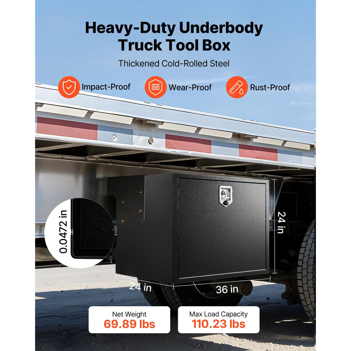 Underbody Truck Tool Box, 36 x 24 x 24 Inch Heavy Duty Steel Trailer Storage Box with Lock & Keys, Waterproof Trailer Storage Organizer Under Body Chest with T-Handle for Truck, Van, SUV, Black