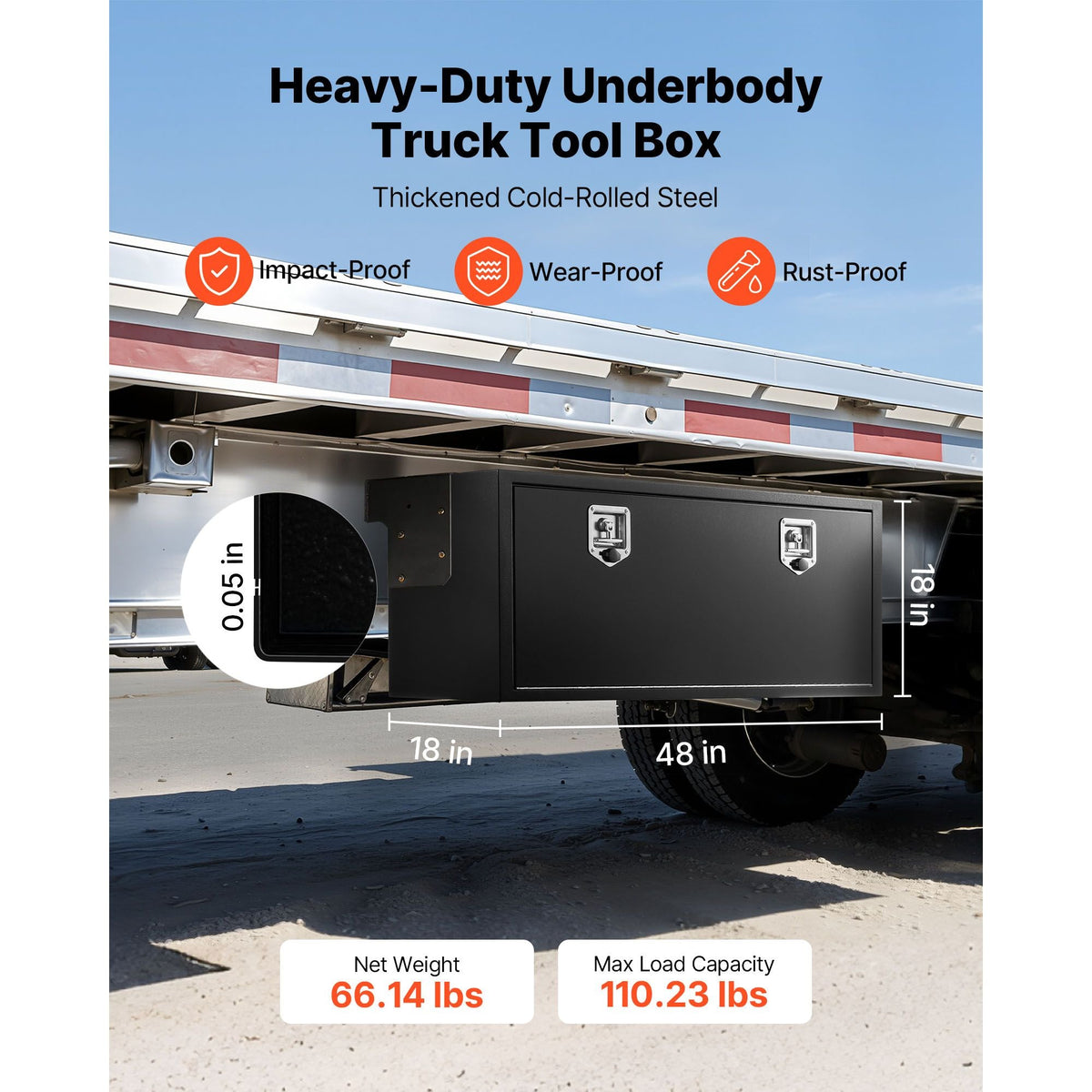 Underbody Truck Tool Box, 48 x 18 x 18 Inch Heavy Duty Steel Trailer Storage Box with Lock & Keys, Waterproof Trailer Storage Organizer Under Body Chest with T-Handle for Truck, Van, SUV, Black