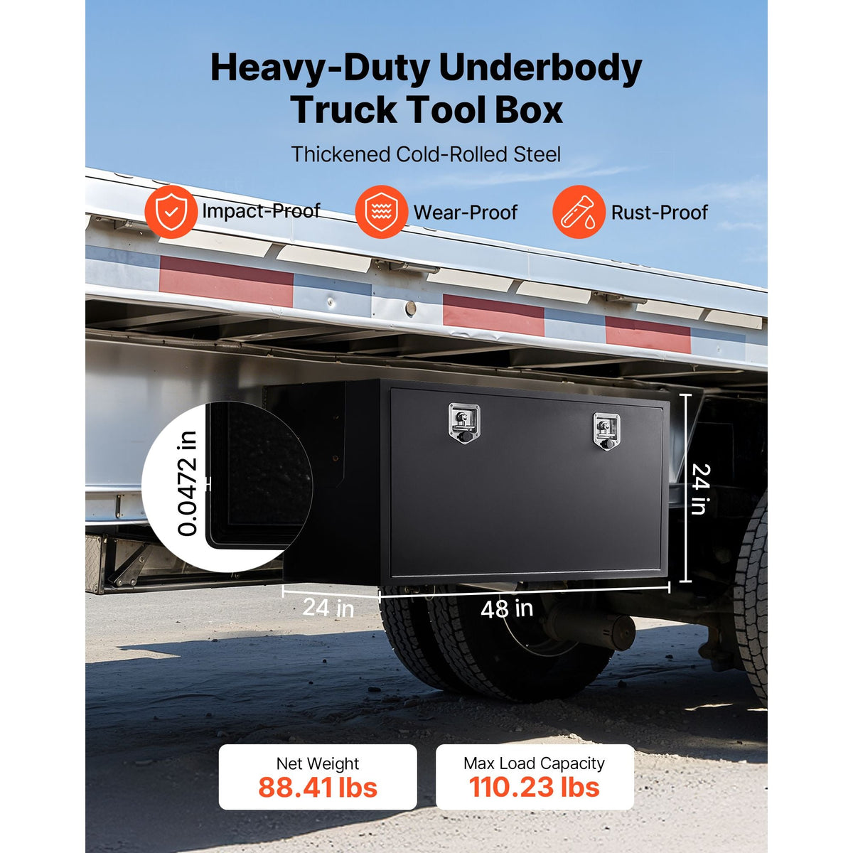 Underbody Truck Tool Box, 48 x 24 x 24 Inch Heavy Duty Steel Trailer Storage Box with Lock & Keys, Waterproof Trailer Storage Organizer Under Body Chest with T-Handle for Truck, Van, SUV, Black