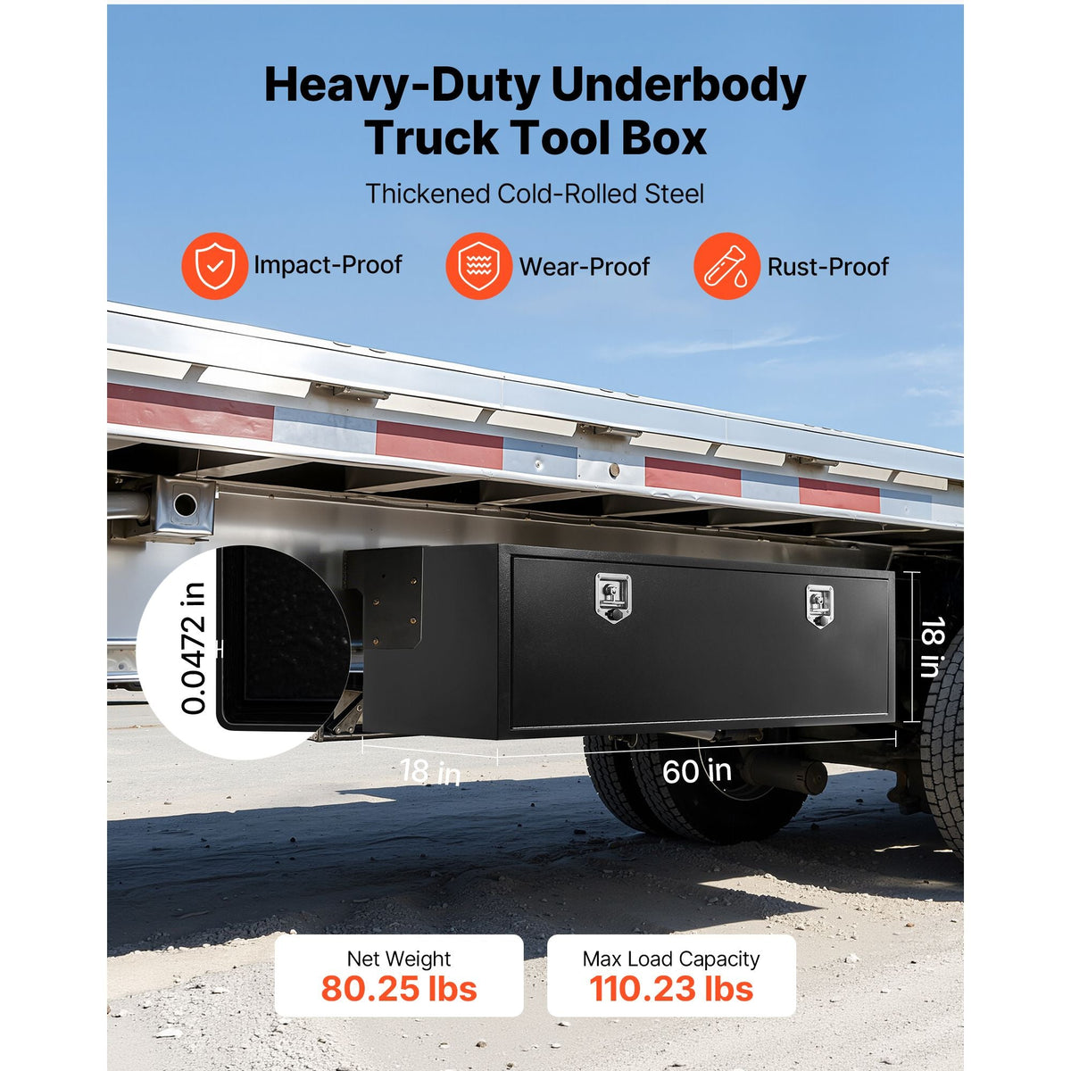 Underbody Truck Tool Box, 60 x 18 x 18 Inch Heavy Duty Steel Trailer Storage Box with Lock & Keys, Waterproof Trailer Storage Organizer Under Body Chest with T-Handle for Truck, Van, SUV, Black