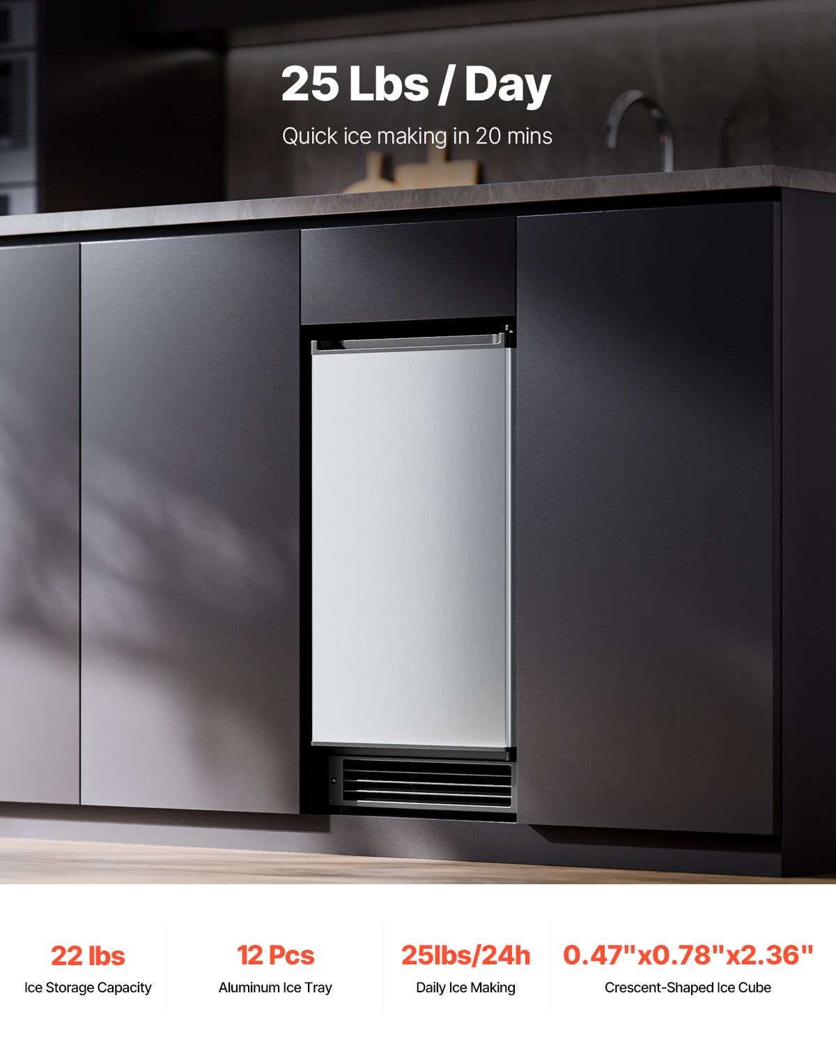 Undercounter Built-in Ice Maker, 25 Lbs/Day Under Counter Ice Maker Machine with Reversible Door Stainless Steel, Freestanding Ice Maker for Commercial Home Kitchen, No Drain Required