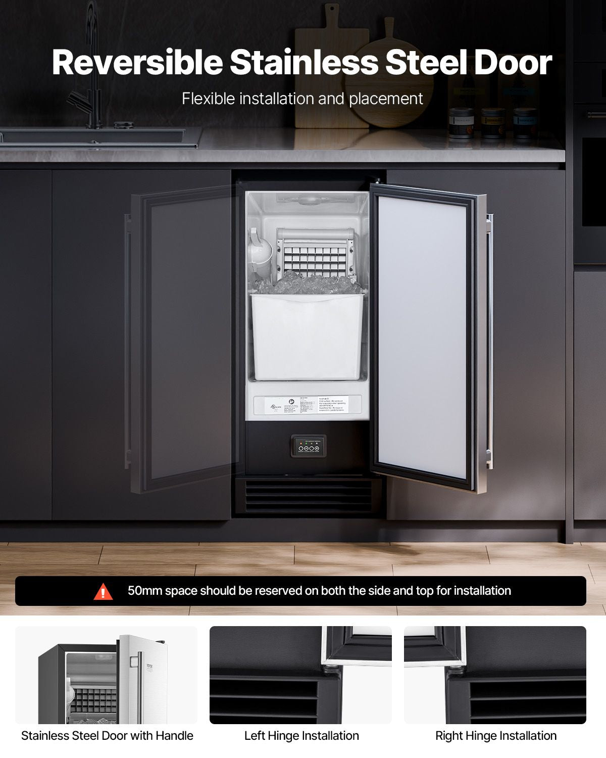 Undercounter Built-in Ice Maker, 50 Lbs/Day Under Counter Ice Maker Machine with Drain Pump Reversible Door Stainless Steel, Freestanding Ice Maker for Commercial Home Kitchen