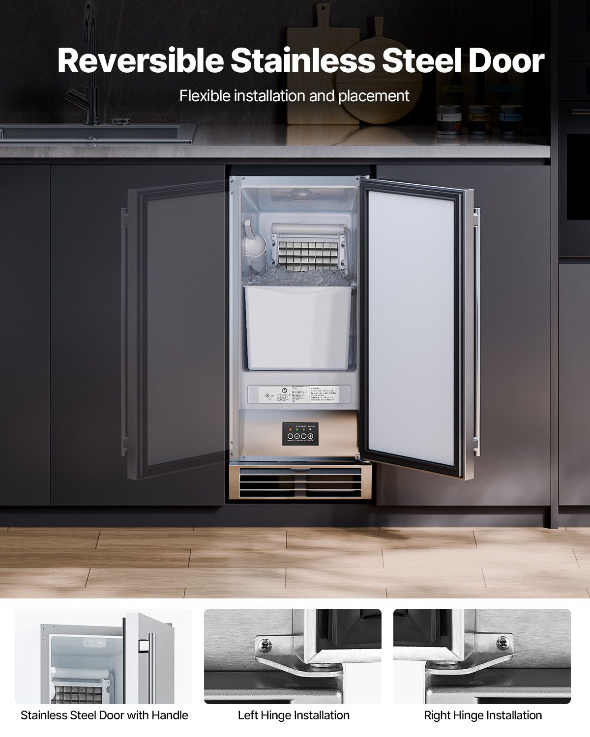 Undercounter Built-in Ice Maker, 50 Lbs/Day Under Counter Ice Maker Machine with Reversible Door Stainless Steel, Freestanding Ice-Making Machine for Restaurant, Outdoor Kitchen, Terrace, Pool