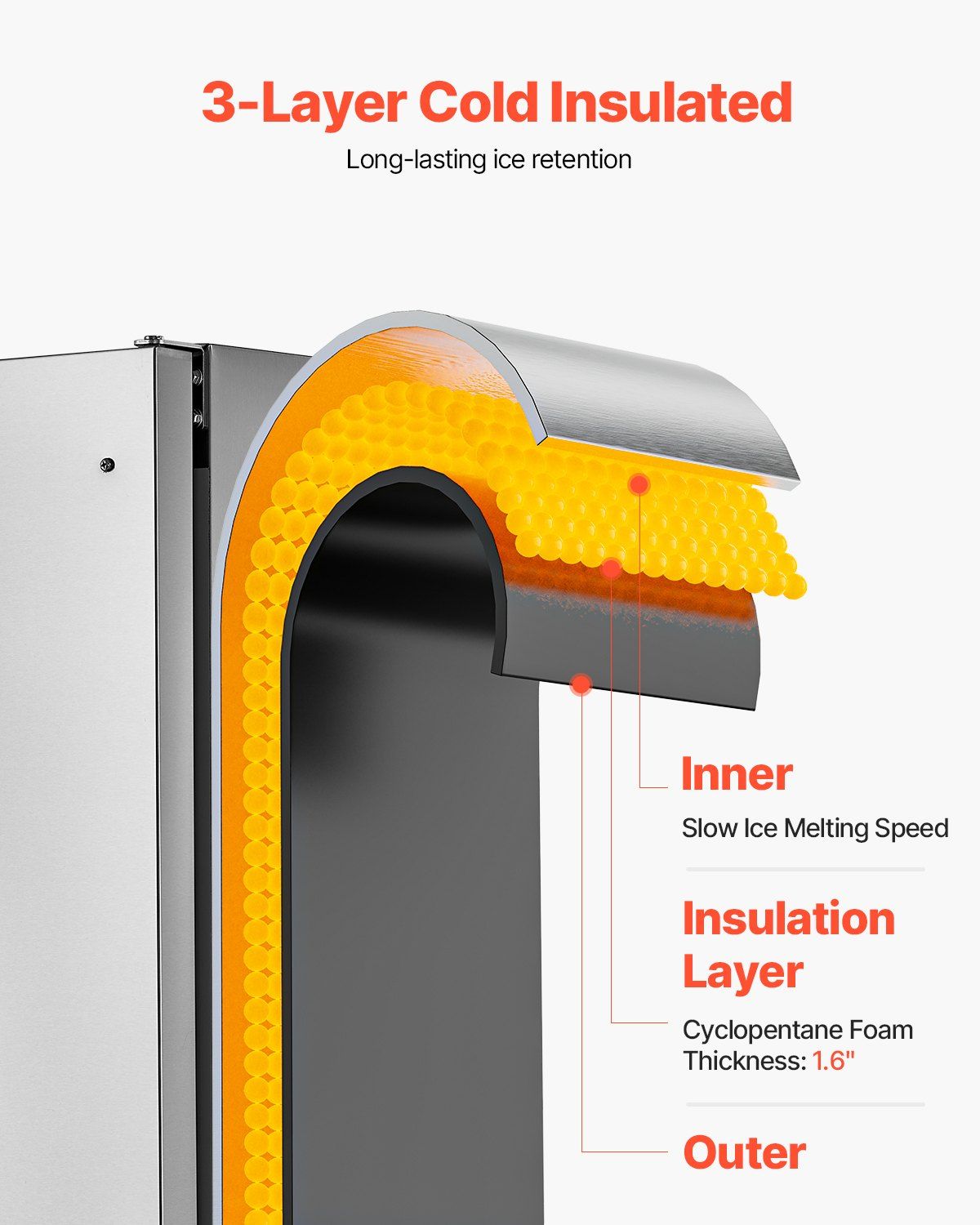 Undercounter Built-in Ice Maker, 66 Lbs/Day Under Counter Nugget Ice Maker Machine with Reversible Door Stainless Steel, Freestanding Ice Maker for Commercial Home Kitchen, Electric Drainage