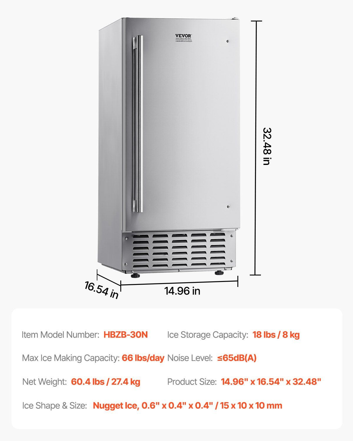 Undercounter Built-in Ice Maker, 66 Lbs/Day Under Counter Nugget Ice Maker Machine with Reversible Door Stainless Steel, Freestanding Ice Maker for Commercial Home Kitchen, Electric Drainage