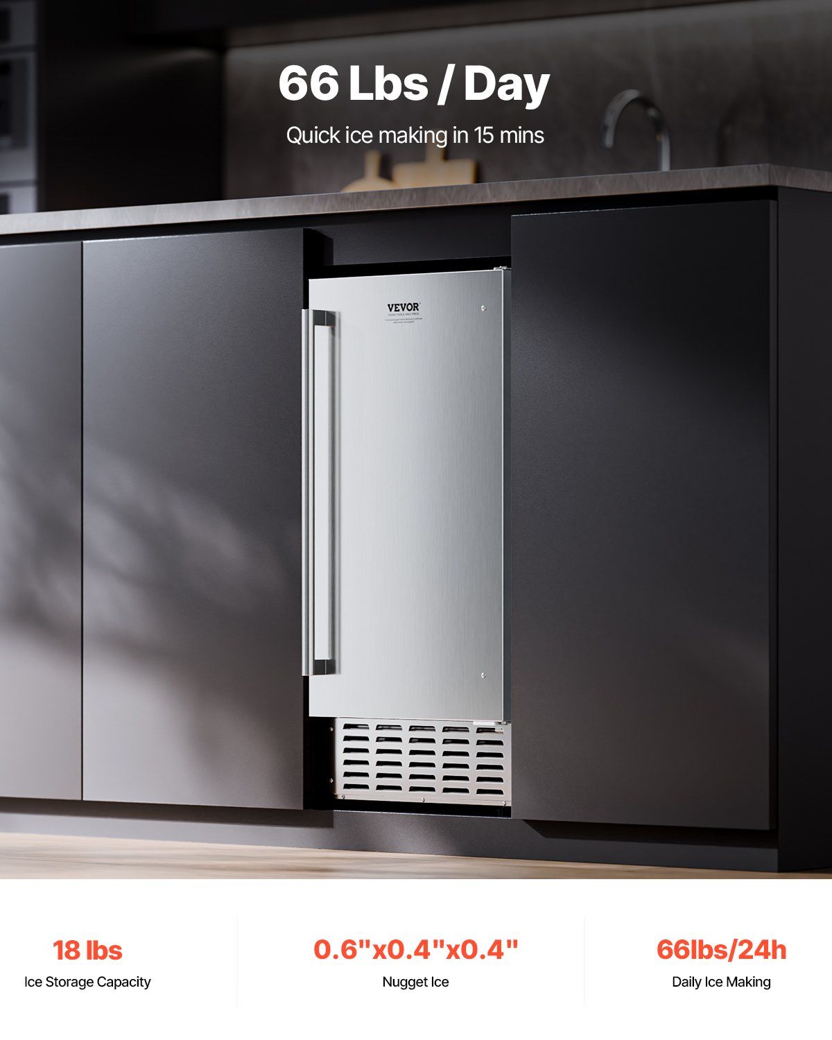 Undercounter Built-in Ice Maker, 66 Lbs/Day Under Counter Nugget Ice Maker Machine with Reversible Door Stainless Steel, Freestanding Ice Maker for Commercial Home Kitchen, Electric Drainage