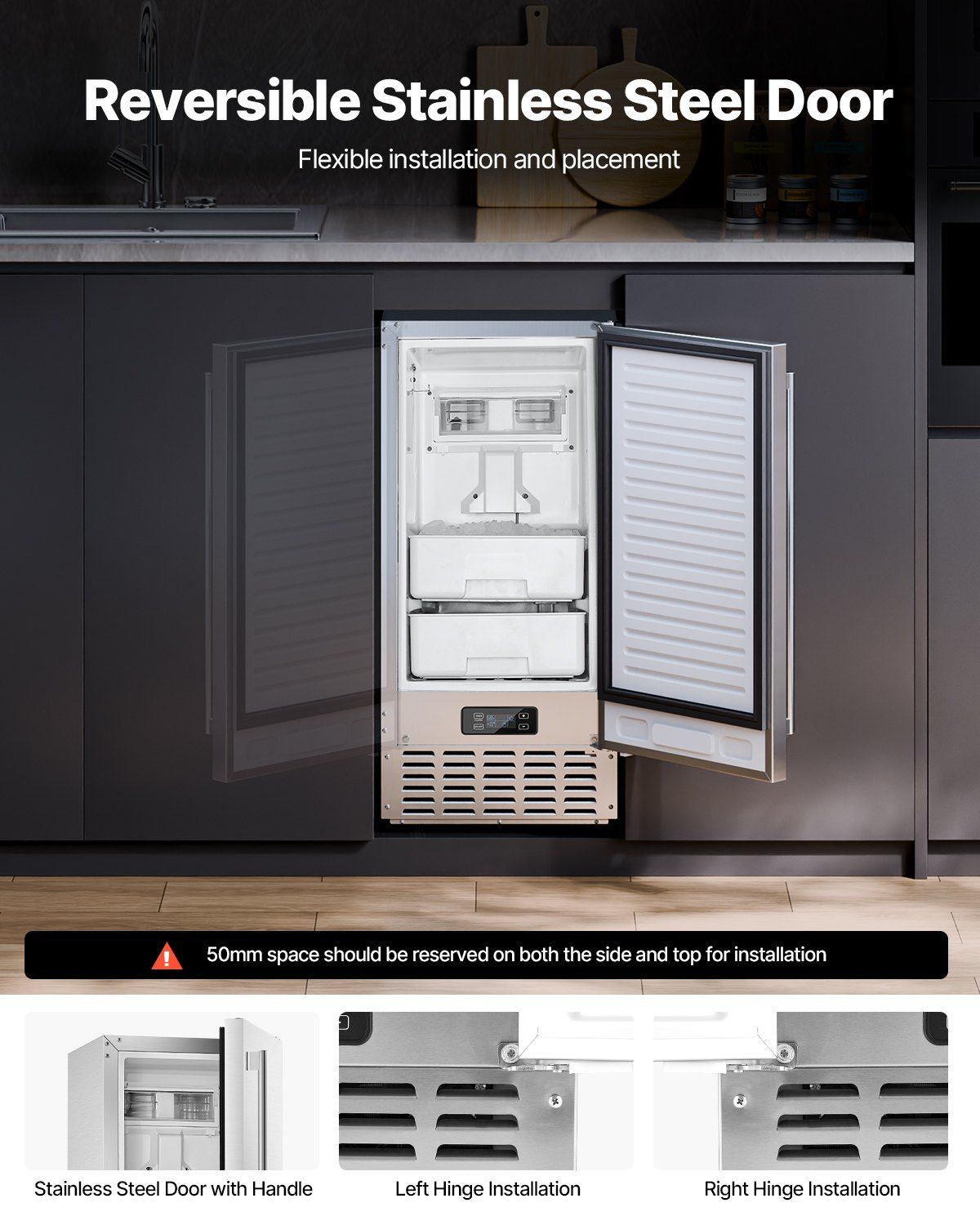 Undercounter Built-in Ice Maker, 66 Lbs/Day Under Counter Nugget Ice Maker Machine with Reversible Door Stainless Steel, Freestanding Ice Maker for Commercial Home Kitchen, Electric Drainage