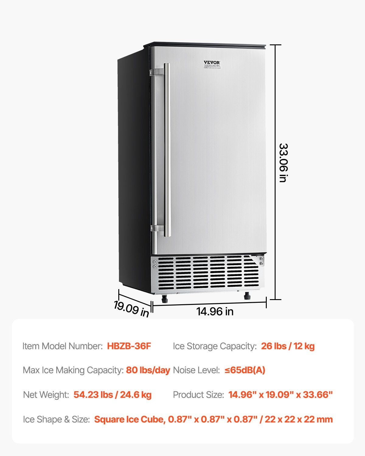 Undercounter Built-in Ice Maker, 80 Lbs/Day Under Counter Ice Maker Machine with Reversible Door Stainless Steel, Freestanding Ice Maker for Commercial Home Kitchen, Electric Drainage
