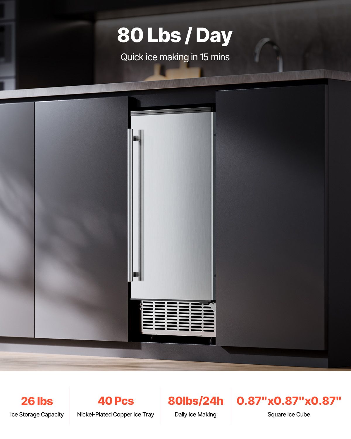 Undercounter Built-in Ice Maker, 80 Lbs/Day Under Counter Ice Maker Machine with Reversible Door Stainless Steel, Freestanding Ice Maker for Commercial Home Kitchen, Electric Drainage