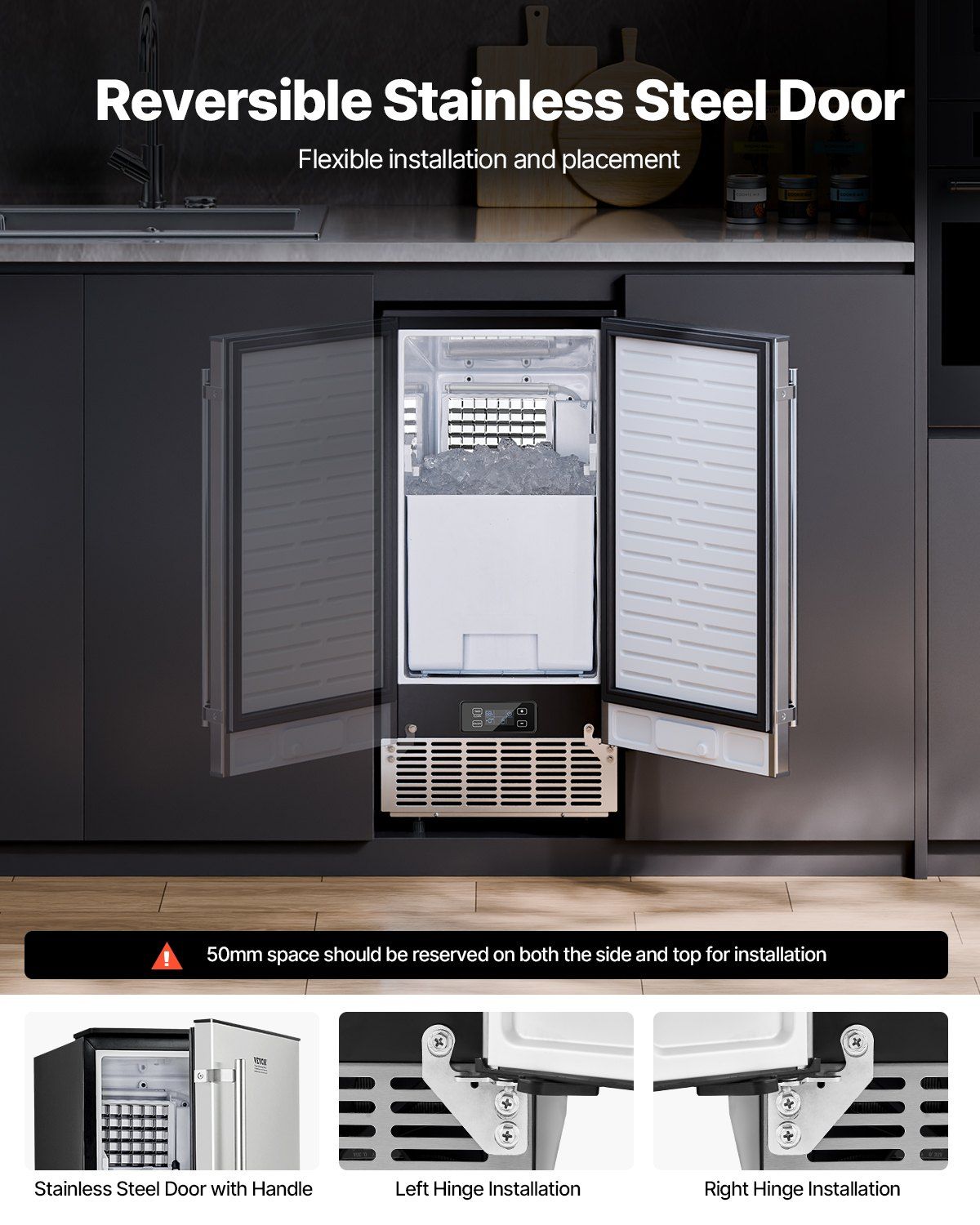 Undercounter Built-in Ice Maker, 80 Lbs/Day Under Counter Ice Maker Machine with Reversible Door Stainless Steel, Freestanding Ice Maker for Commercial Home Kitchen, Electric Drainage