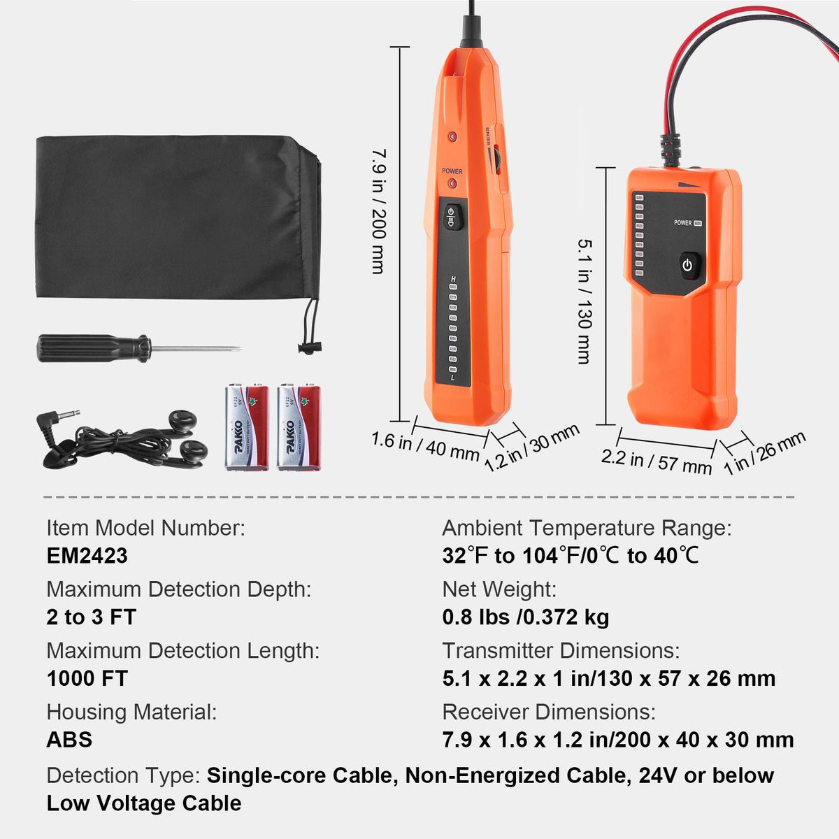 Underground Cable Locator, 3 FT Max. Detection Depth, Wire Tracer Break Detector Finder with Earphone, 1000 FT Max.Detection Length Cable Tester for Pet Fence Buried Sprinkler Valve Irrigation