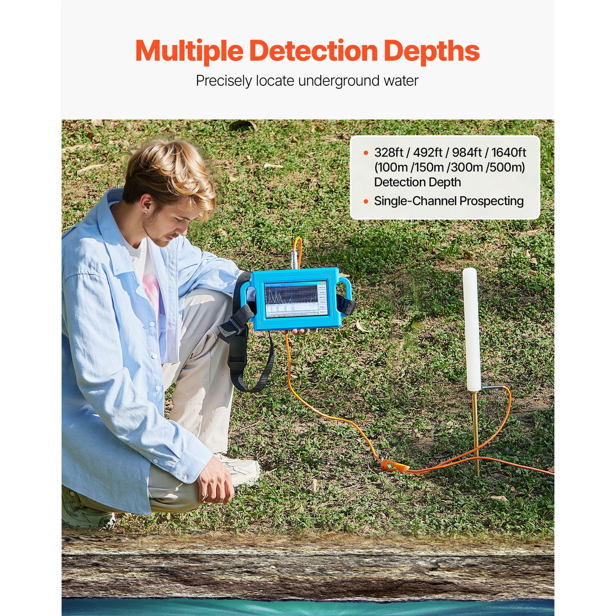 Underground Water Detector, Up to 1640ft (500m) Pro Underground Water Detection Locator, 7" Touchscreen Auto Mapping Well Detector Explorer with Multi-Frequency Measurement, 8GB Card, Carry Case