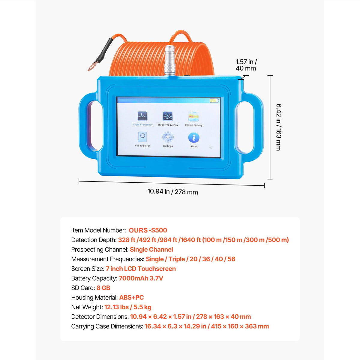 Underground Water Detector, Up to 1640ft (500m) Pro Underground Water Detection Locator, 7" Touchscreen Auto Mapping Well Detector Explorer with Multi-Frequency Measurement, 8GB Card, Carry Case