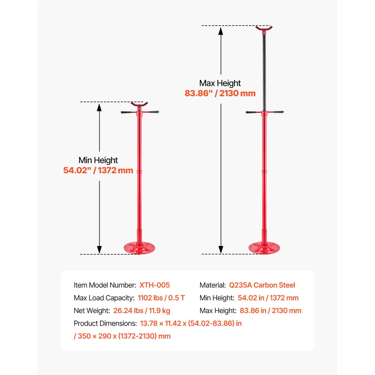 Underhoist Support Stand, 1/2 Ton (1102 lbs) Capacity Under Hoist Jack Stand, Lifting from 54.02" to 83.86", Bearing Mounted Spin Handle, Self-Locking Threaded Screw, Support Vehicle Components