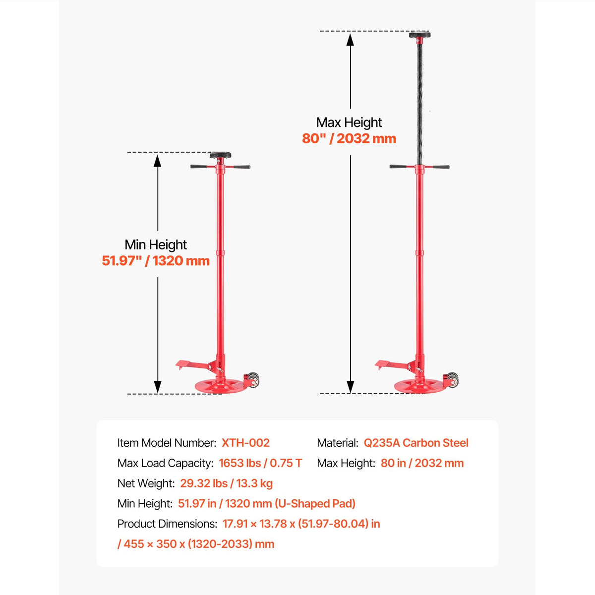 Underhoist Support Stand, 3/4 Ton (1653 lbs) Capacity Under Hoist Jack Stand with Two Wheels, Lifting from 51.97" to 80", Bearing Mounted Spin Handle, Foot Pedal, Support Vehicle Components