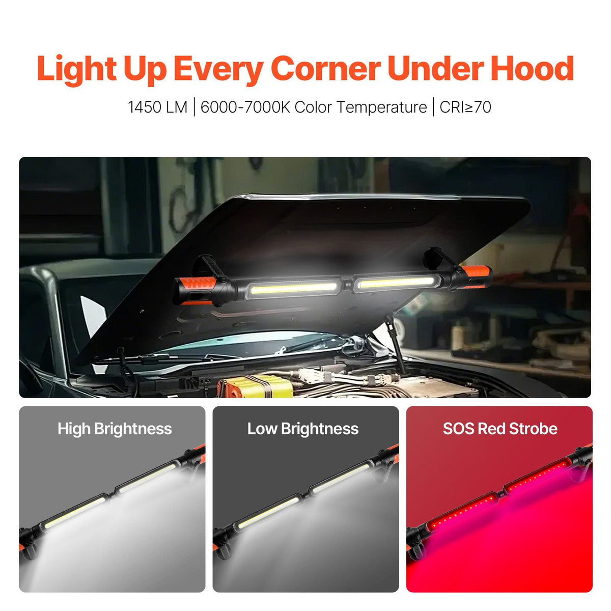 Underhood Work Light, 1450LM, 4400mAh Rechargeable Magnetic Bright LED Light, Portable Cordless Mechanic Work Light Bar, for Car Repairing Inspection Garage Workshop Emergency Home Lighting