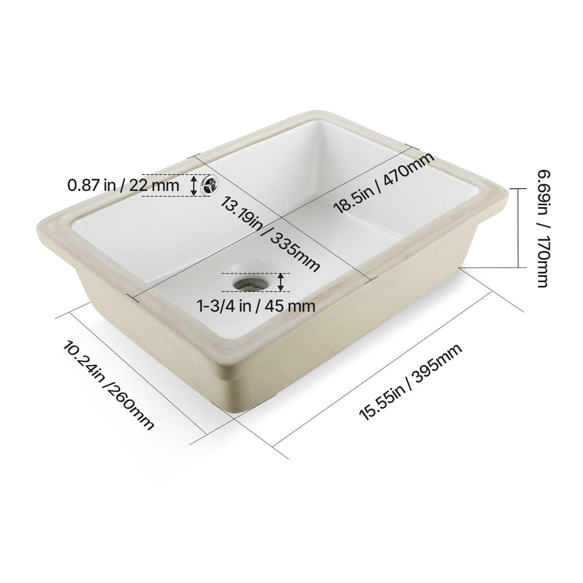 Undermount Bathroom Sink, 18.5 x 13.19 Inch Rectangular White Ceramic Vessel Sink with Overflow Hole, Under Counter Drop in Modern Lavatory Vanity Bath Wash Bowl Basin, Rectangle Small Space