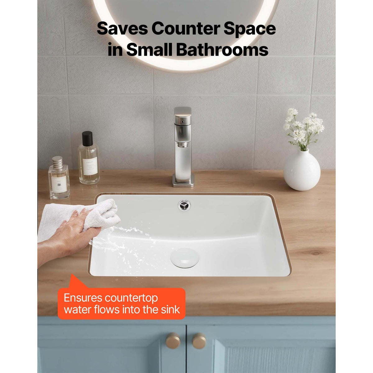 Undermount Bathroom Sink, 18.5 x 13.19 Inch Rectangular White Ceramic Vessel Sink with Overflow Hole, Under Counter Drop in Modern Lavatory Vanity Bath Wash Bowl Basin, Rectangle Small Space