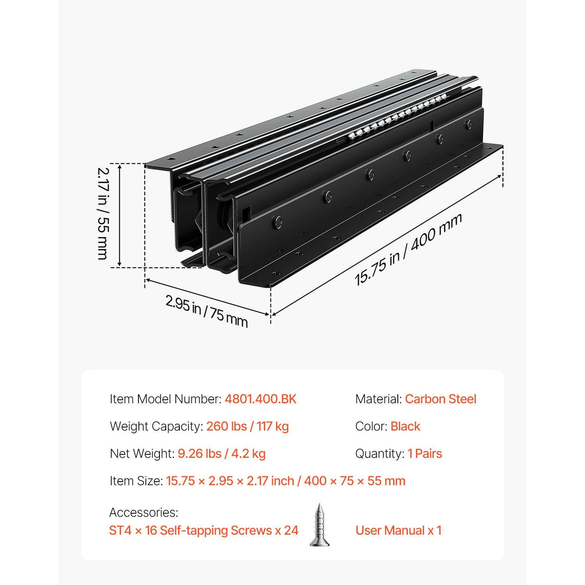 Undermount Drawer Slides, 16 inch, Full Extension Ball Bearing Under Stair Cabinet Rails, 260 LB Load Capacity Heavy Duty Bottom Stair Cabinet Glides Track Runners,for DIY Replacement, Black
