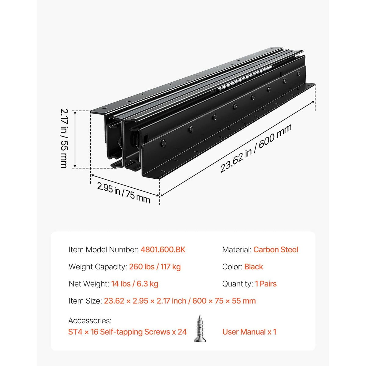Undermount Drawer Slides, 24 inch, Full Extension Ball Bearing Under Stair Cabinet Rails, 260 LB Load Capacity Heavy Duty Bottom Stair Cabinet Glides Track Runners,for DIY Replacement, Black