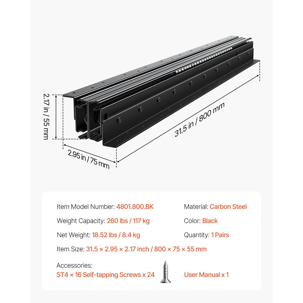 Undermount Drawer Slides, 32 inch, Full Extension Ball Bearing Under Stair Cabinet Rails, 260 LB Load Capacity Heavy Duty Bottom Stair Cabinet Glides Track Runners,for DIY Replacement, Black
