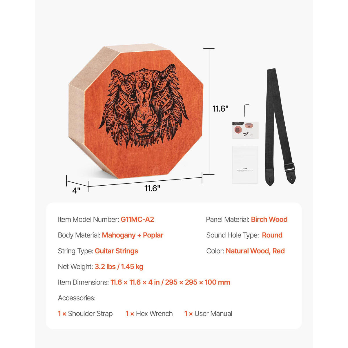 Unique Cajon Box Drum, with Internal Guitar Strings, Portable Wooden Percussion Box, Birch Wood Drum Musical Instrument with Adjustable Strap, for Beginners & Professionals, 11.6 x 11.6 x 4 in