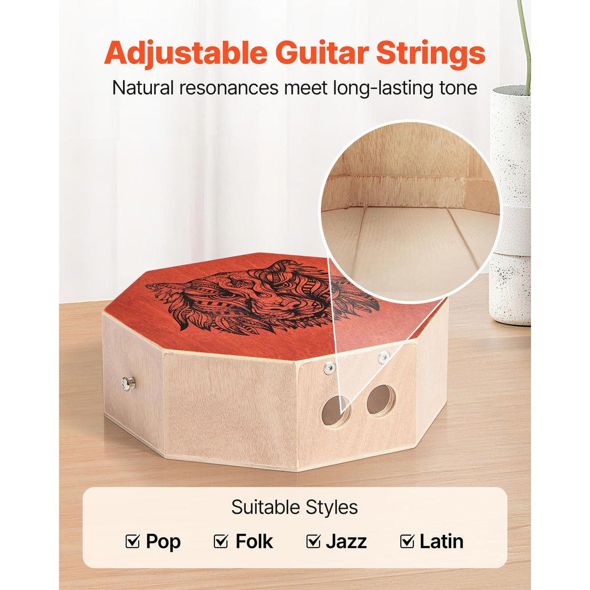Unique Cajon Box Drum, with Internal Guitar Strings, Portable Wooden Percussion Box, Birch Wood Drum Musical Instrument with Adjustable Strap, for Beginners & Professionals, 11.6 x 11.6 x 4 in