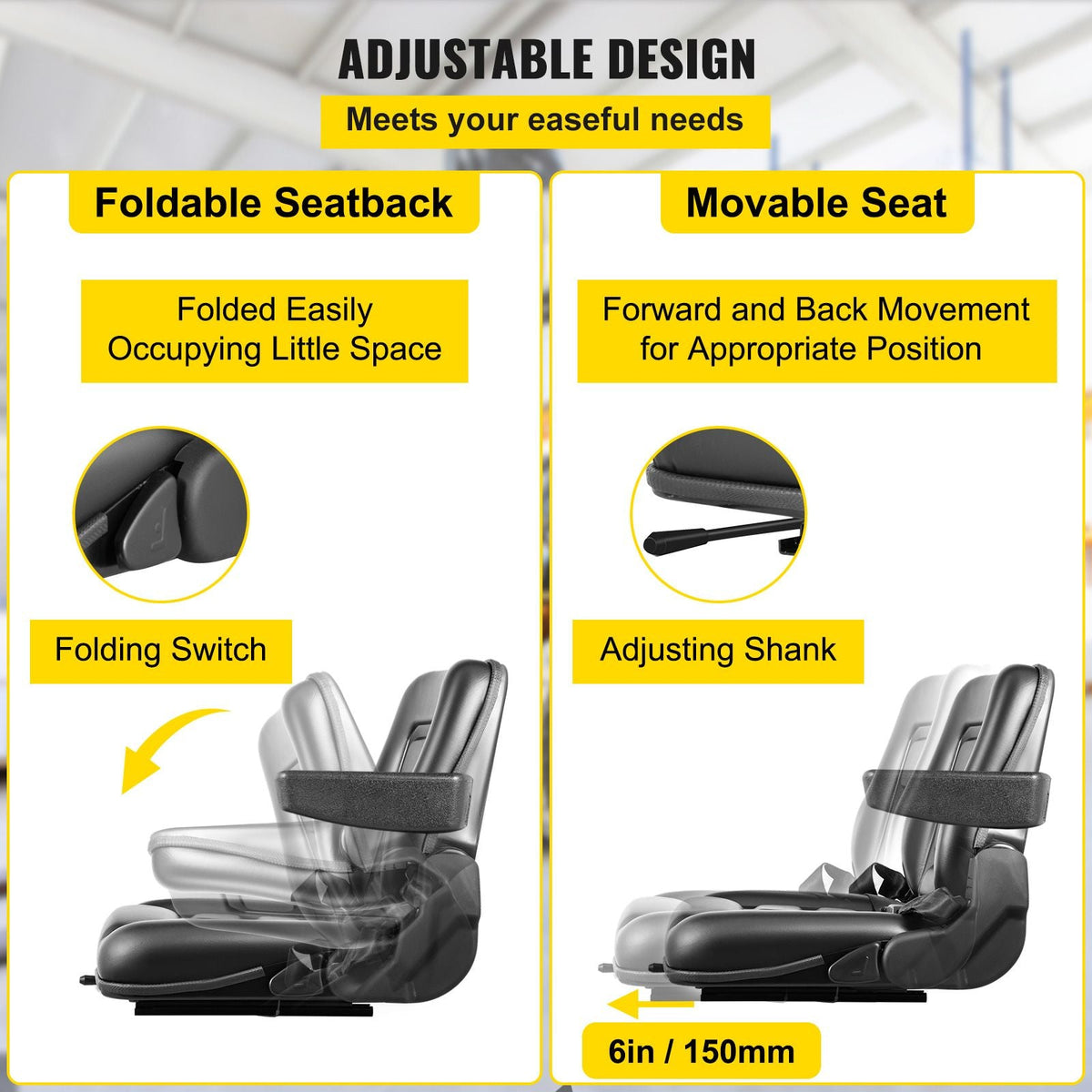 Universal Forklift Seat Black PVC Tractor Seat, 6\"/150MM Adjustable Mower Seat Foldable Seat Including Armrests, Seat Belt, Seat Switch, Skid Steer Seat Fit Forklift, Tractor, Skid Loader