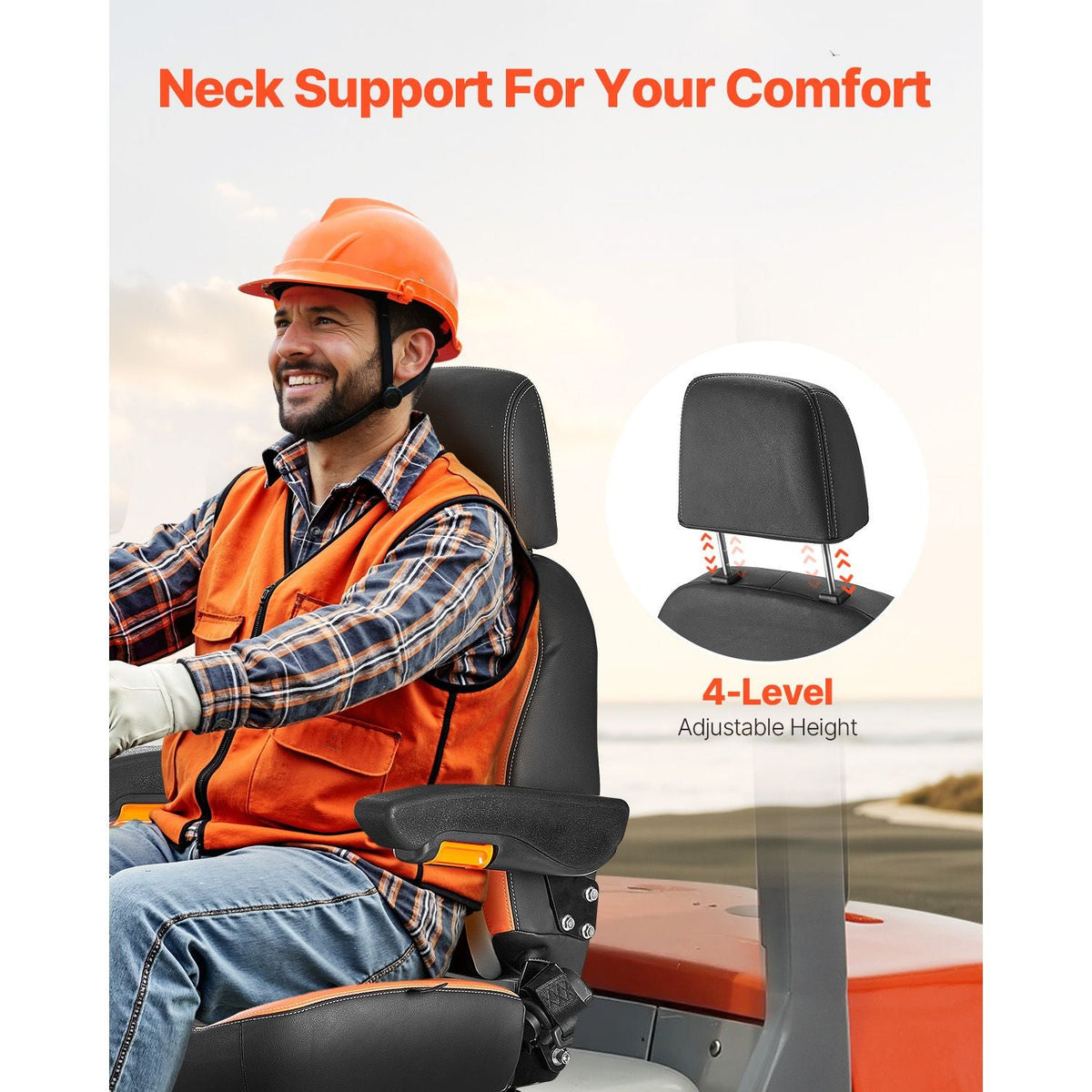Universal Forklift Seat, Tractor Seat with Adjustable Back, Armrest, Headrest & Safety Belt, Secure Tractor Seat with Micro Switch, Ergonomic Lawnmower Seat for Skid Loader Bulldozer