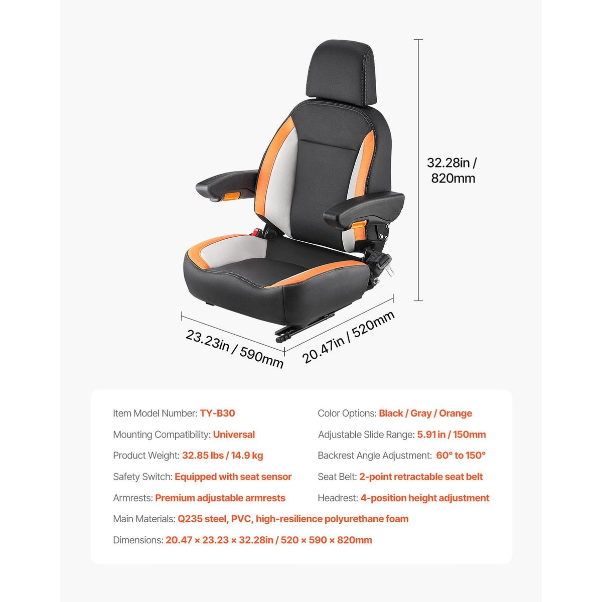 Universal Forklift Seat, Tractor Seat with Adjustable Back, Armrest, Headrest & Safety Belt, Secure Tractor Seat with Micro Switch, Ergonomic Lawnmower Seat for Skid Loader Bulldozer