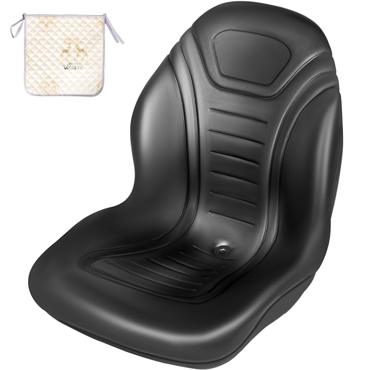 Universal Lawn Tractor Seat Replacement, Compact High Back Mower Seat, Black Vinyl Forklift Seat, Central Drain Hole Skid Steer Seat with Mounting Bolt Patterns of 8\" x 11.5\" & 11.25\" x 11.5\