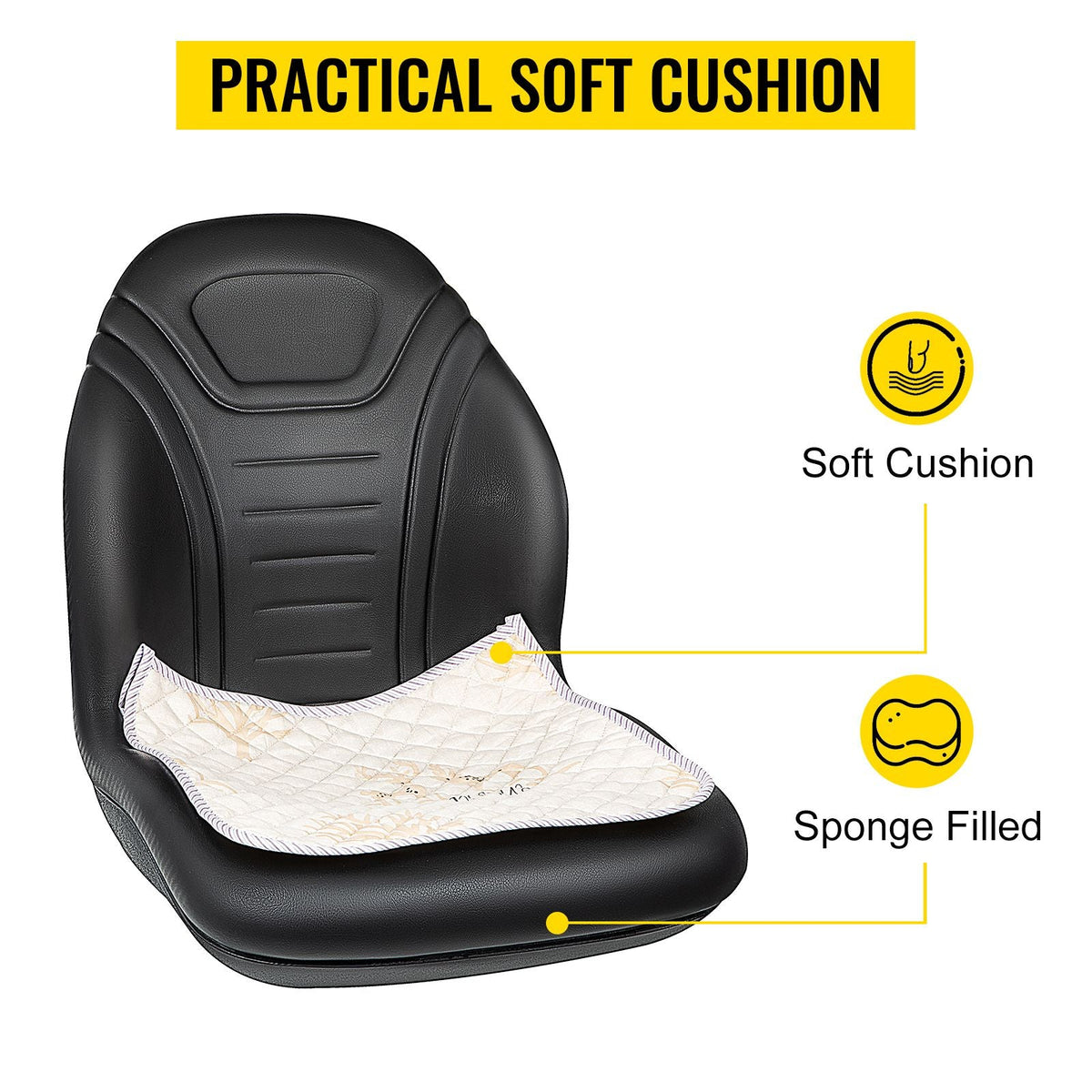 Universal Lawn Tractor Seat Replacement, Compact High Back Mower Seat, Black Vinyl Forklift Seat, Central Drain Hole Skid Steer Seat with Mounting Bolt Patterns of 8\" x 11.5\" & 11.25\" x 11.5\