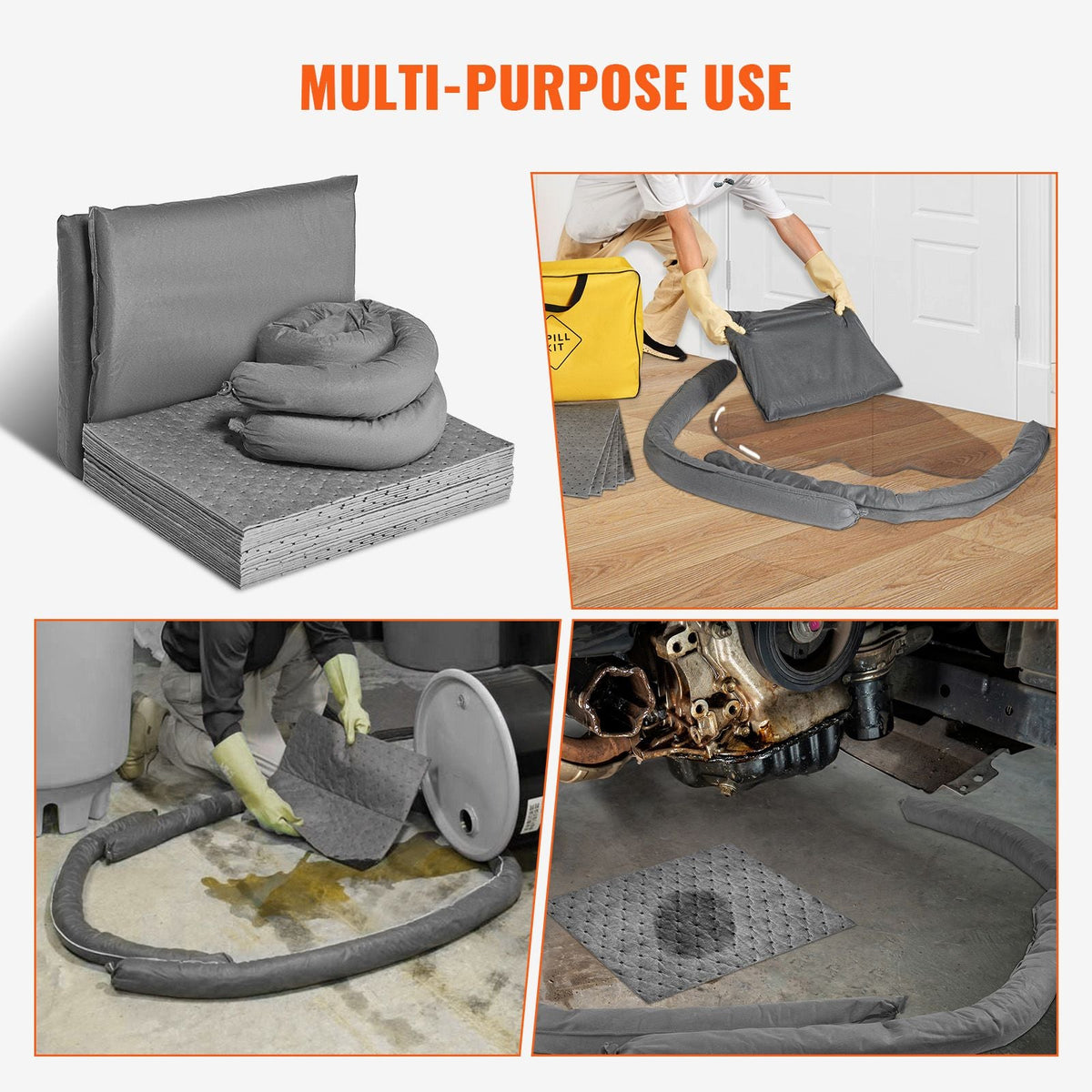 Universal Spill Kit, Spill Control Supplies 43 pcs, Includes 30 Universal Sorbent Pads, 2 Universal Sorbent Socks 3"x4', 2 Disposal Pillows, Rubber Gloves, and Bag