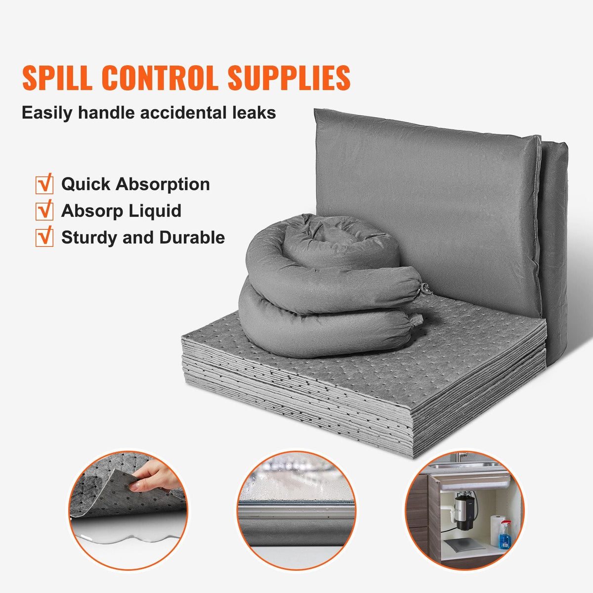 Universal Spill Kit, Spill Control Supplies 43 pcs, Includes 30 Universal Sorbent Pads, 2 Universal Sorbent Socks 3"x4', 2 Disposal Pillows, Rubber Gloves, and Bag