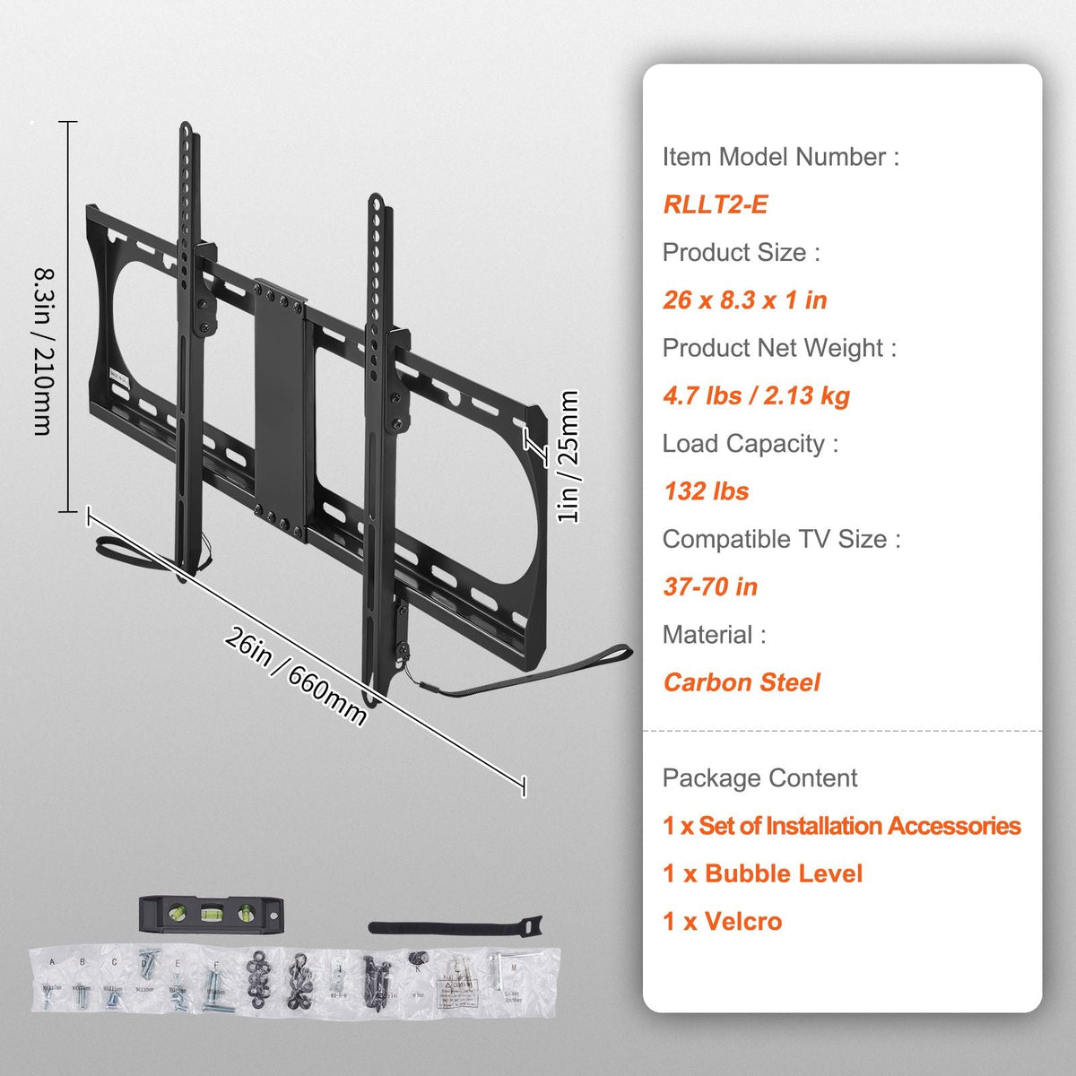 Universal TV Wall Mount, Low Profile TV Mount Fits for Most 37-70 inch TVs, Tilt Wall Mount TV Brackets, Max VESA 600x400mm, Holds up to 132 lbs