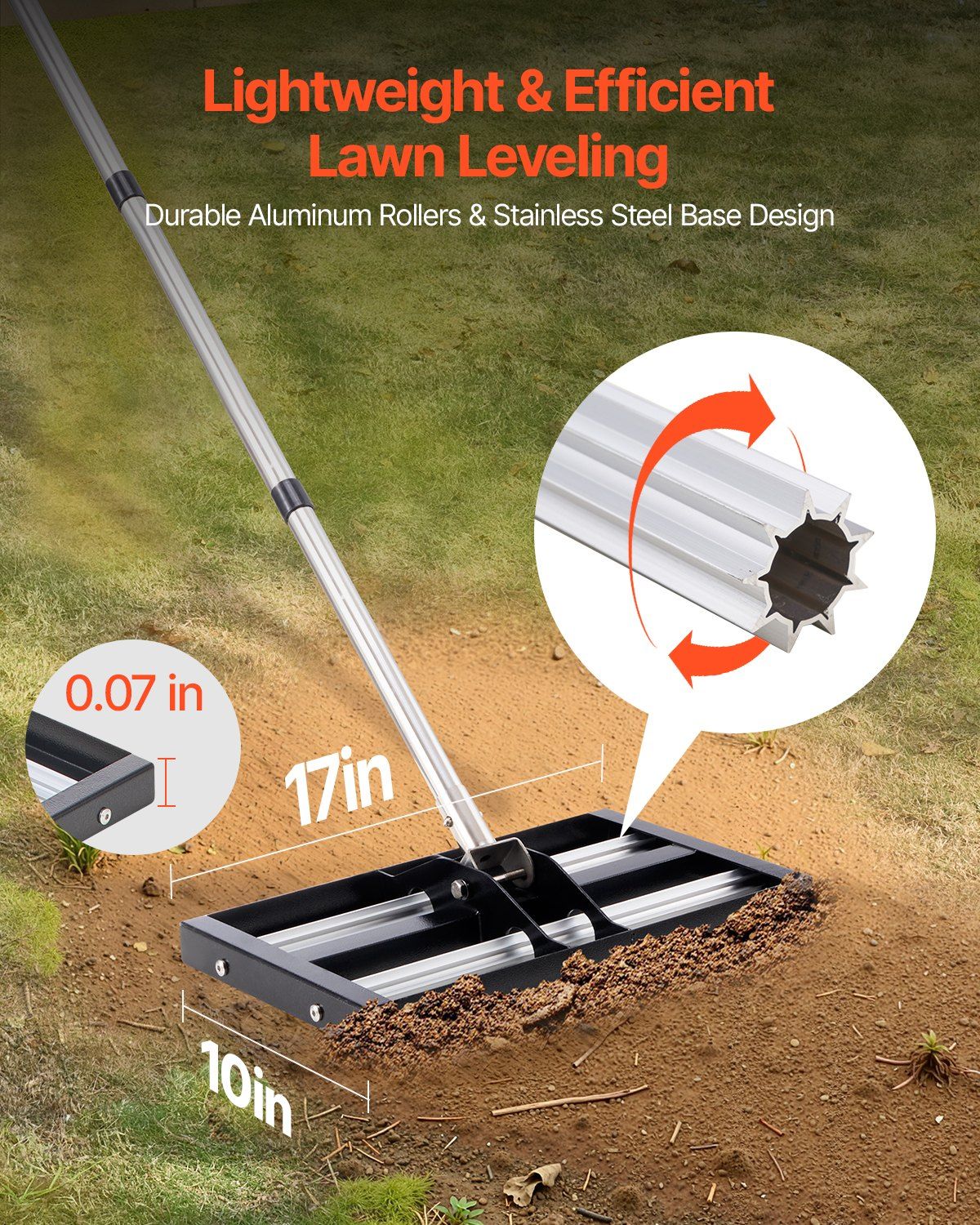 Updated Lawn Leveling Rake with Roller, 17" x 10" Stainless Steel Lawn Leveler with 63.4" Adjustable Handle, Heavy Duty Yard Leveling Rake, Effort Saving Lawn Leveling Tool for Yard Golf Court