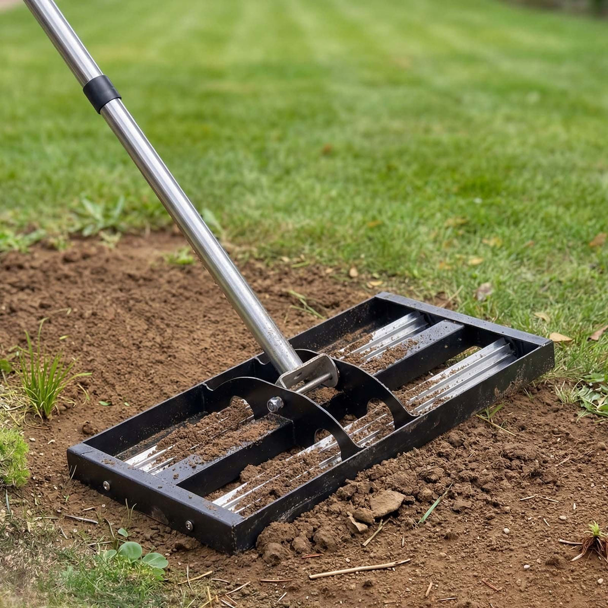 Updated Lawn Leveling Rake with Roller, 17" x 10" Stainless Steel Lawn Leveler with 63.4" Adjustable Handle, Heavy Duty Yard Leveling Rake, Effort Saving Lawn Leveling Tool for Yard Golf Court