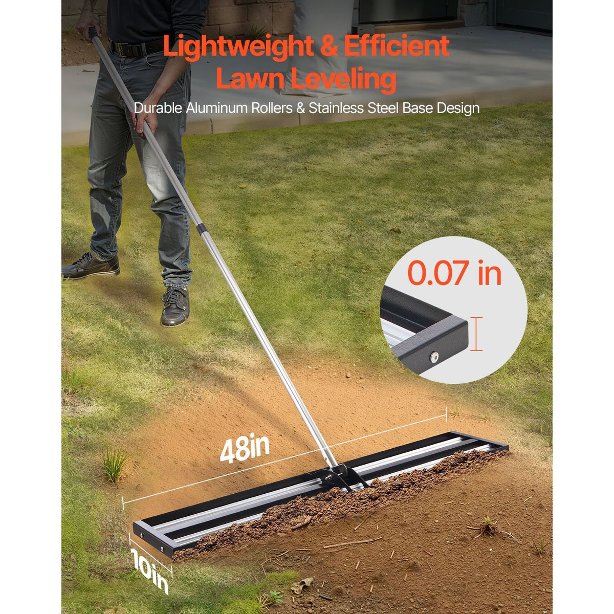 Updated Lawn Leveling Rake with Roller, 48'' x 10" Stainless Steel Lawn Leveler with 83.9'' Adjustable Handle, Heavy Duty Yard Leveling Rake, Effort Saving Lawn Leveling Tool for Yard Golf Court