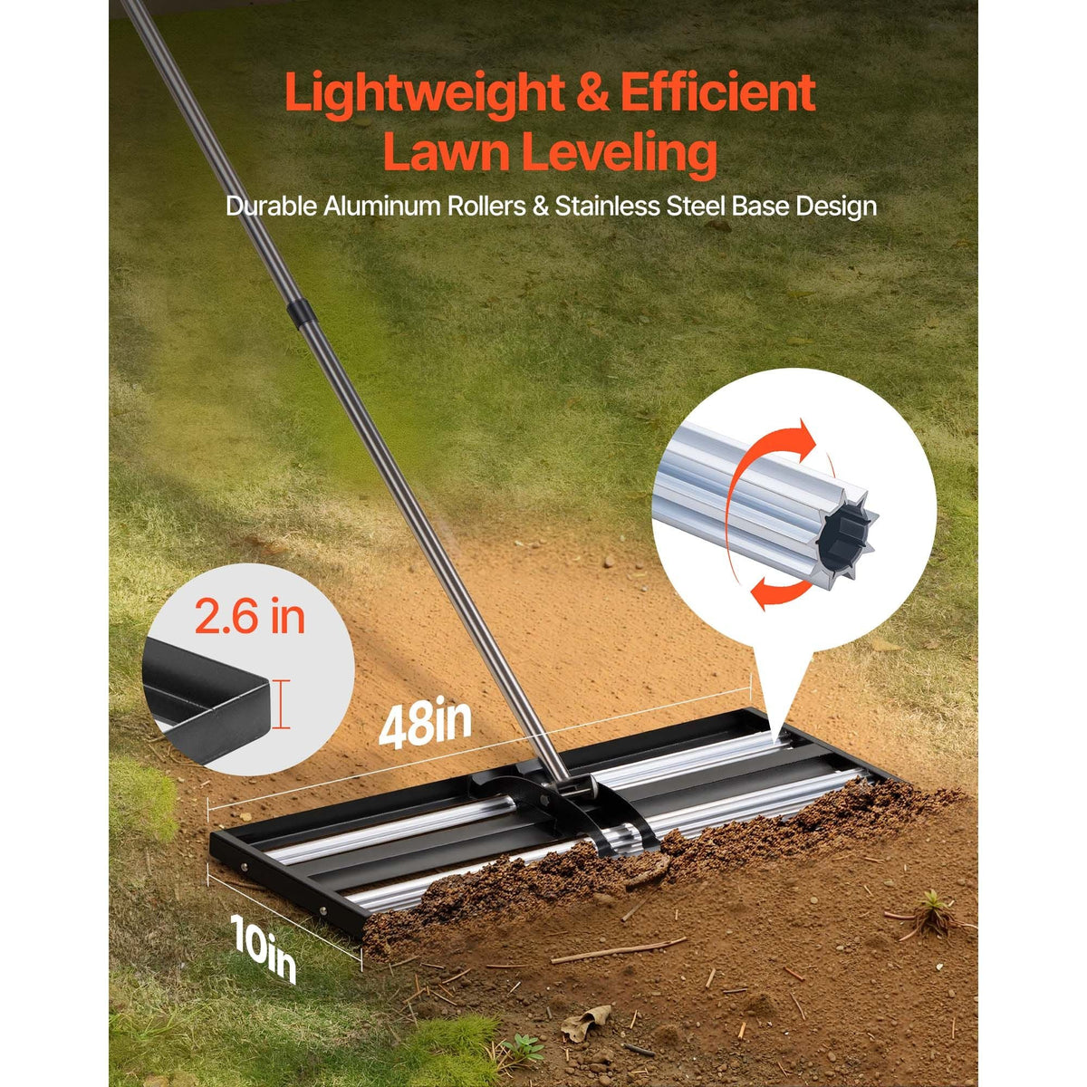 Updated Lawn Leveling Rake with Roller, 48'' x 10" Stainless Steel Lawn Leveler with 83.9'' Adjustable Handle, Heavy Duty Yard Leveling Rake, Effort Saving Lawn Leveling Tool for Yard Golf Court