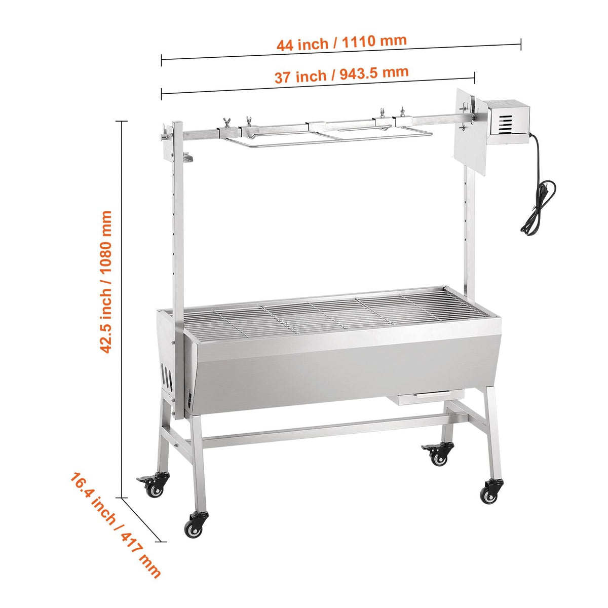 Upgrade Rotisserie Grill, 35 Inch 90 Lbs Capacity, BBQ Whole Pig Lamb Goat Charcoal Spit Grill, Electric 42W Motor Stainless Steel Rotisserie Roaster with Lockable Wheels, for Camping Outdoor