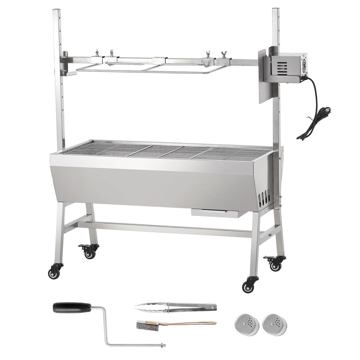 Upgrade Rotisserie Grill, 35 Inch 90 Lbs Capacity, BBQ Whole Pig Lamb Goat Charcoal Spit Grill, Electric 42W Motor Stainless Steel Rotisserie Roaster with Lockable Wheels, for Camping Outdoor