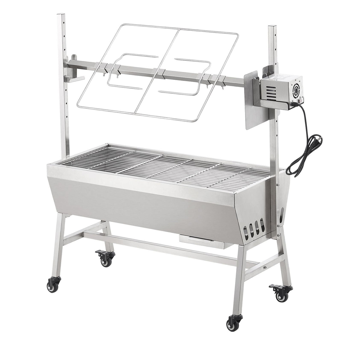 Upgrade Rotisserie Grill, 35 Inch 90 Lbs Capacity, BBQ Whole Pig Lamb Goat Charcoal Spit Grill, Electric 42W Motor Stainless Steel Rotisserie Roaster with Lockable Wheels, for Camping Outdoor