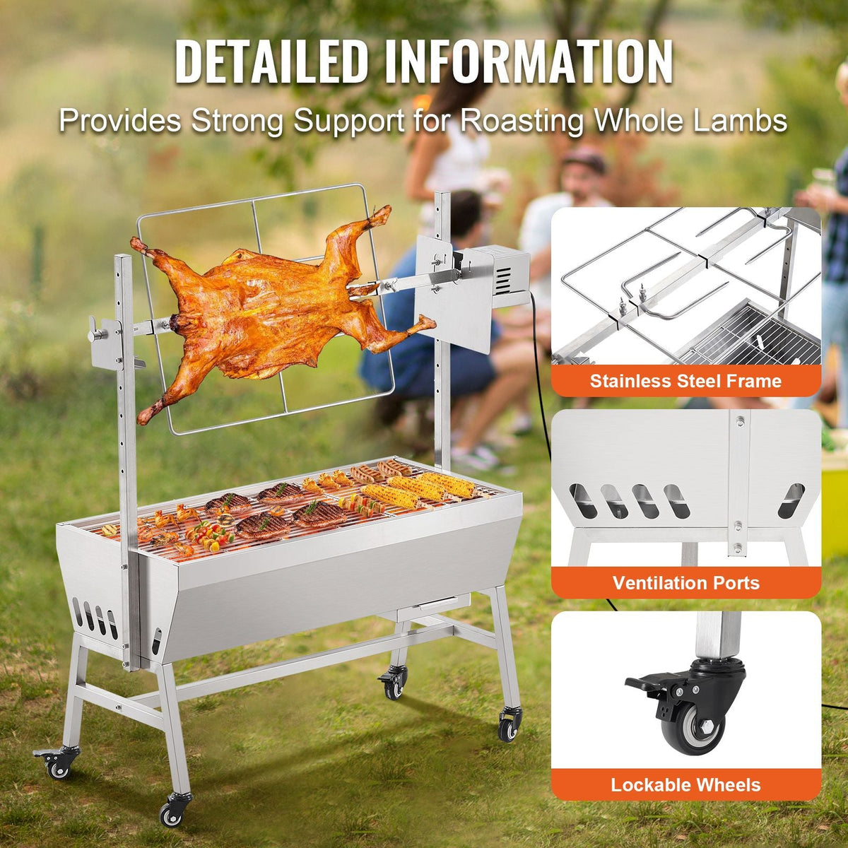 Upgrade Rotisserie Grill, 35 Inch 90 Lbs Capacity, BBQ Whole Pig Lamb Goat Charcoal Spit Grill, Electric 42W Motor Stainless Steel Rotisserie Roaster with Lockable Wheels, for Camping Outdoor