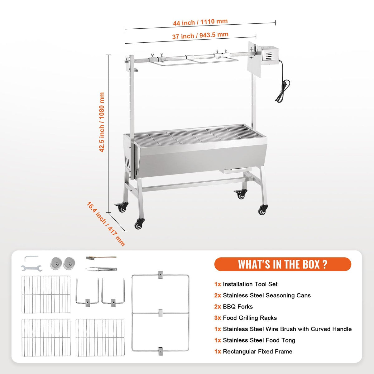 Upgrade Rotisserie Grill, 35 Inch 90 Lbs Capacity, BBQ Whole Pig Lamb Goat Charcoal Spit Grill, Electric 42W Motor Stainless Steel Rotisserie Roaster with Lockable Wheels, for Camping Outdoor