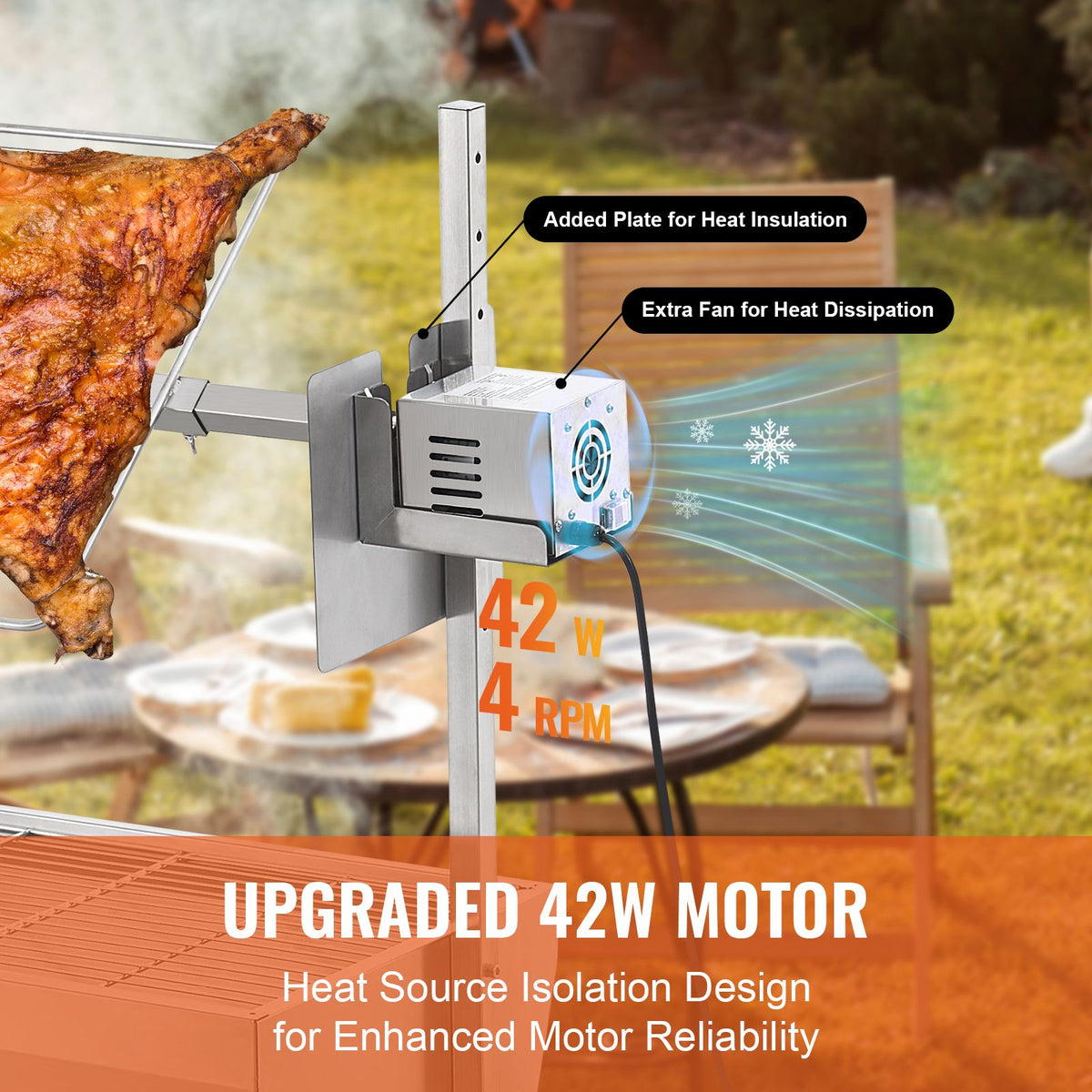 Upgrade Rotisserie Grill, 35 Inch 90 Lbs Capacity, BBQ Whole Pig Lamb Goat Charcoal Spit Grill, Electric 42W Motor Stainless Steel Rotisserie Roaster with Lockable Wheels, for Camping Outdoor