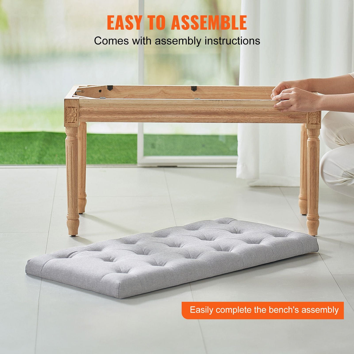 Upholstered Bench, 16"W Ottoman Bench, End of Bed Bench with Foam Padded Cushion and Rubberwood Legs, Tufted Footrest Stool Entryway Bench for Dining Room, Living Room, Bedroom, Hallway, Beige