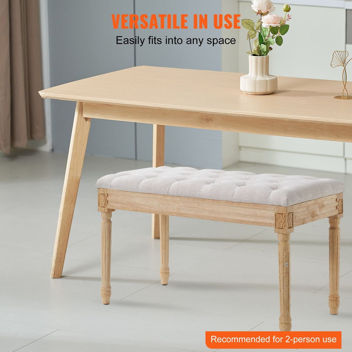 Upholstered Bench, 16"W Ottoman Bench, End of Bed Bench with Foam Padded Cushion and Rubberwood Legs, Tufted Footrest Stool Entryway Bench for Dining Room, Living Room, Bedroom, Hallway, Beige