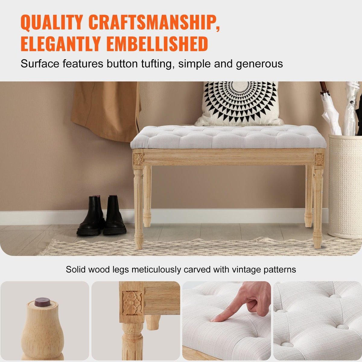 Upholstered Bench, 16"W Ottoman Bench, End of Bed Bench with Foam Padded Cushion and Rubberwood Legs, Tufted Footrest Stool Entryway Bench for Dining Room, Living Room, Bedroom, Hallway, Beige