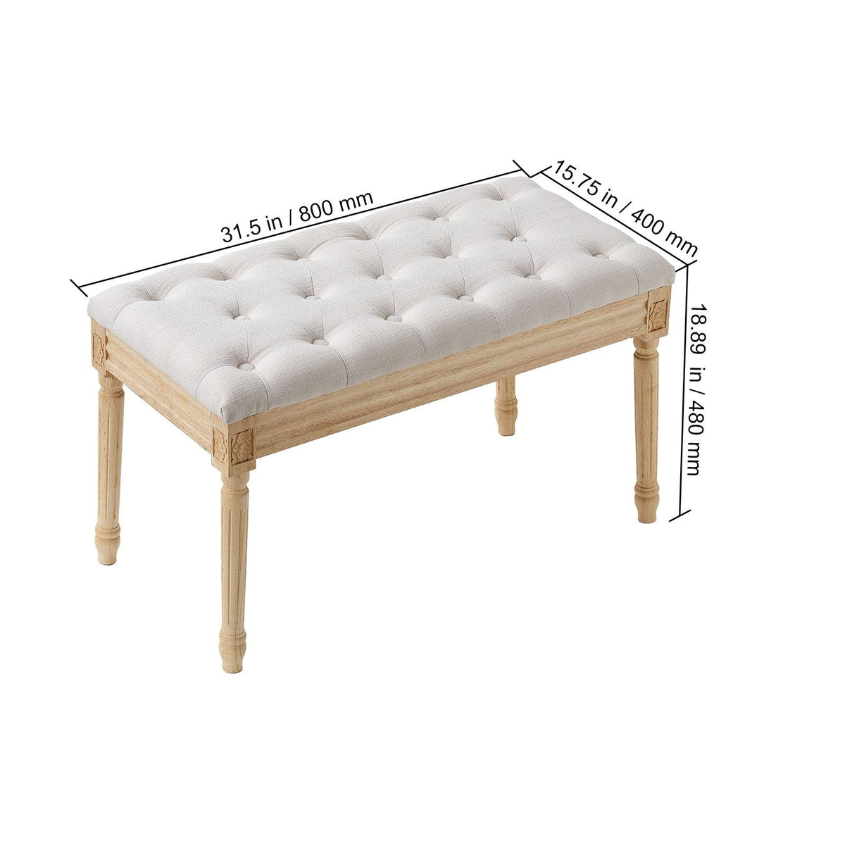 Upholstered Bench, 16"W Ottoman Bench, End of Bed Bench with Foam Padded Cushion and Rubberwood Legs, Tufted Footrest Stool Entryway Bench for Dining Room, Living Room, Bedroom, Hallway, Beige
